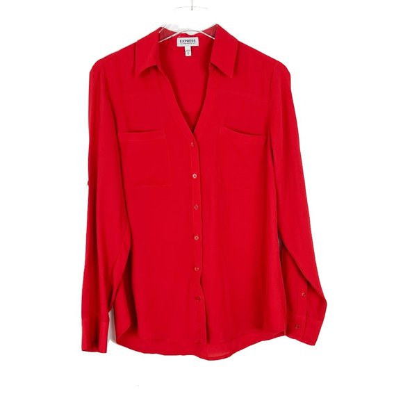 Express Tops - Express Red Portofino Shirt Long Roll Tab Sleeves Size Medium M EUC A1531